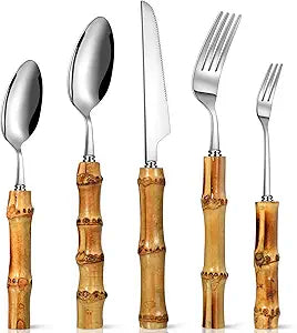 Eboot Bamboo Silverware Set 18/8 Stainless Steel Tableware Set Natural Utensil Flatware Kit Spoon Fork Knives Bamboo Handle Cutlery for Kitchen Wedding Home Restaurant Party(Silver,30 Pieces)