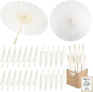 24 Pack Paper Umbrellas for Weddings 23.6 Inch White Paper Parasols for Guests with Woven Storage Basket and Photo Frame for Wedding Anniversary Parties Bridal Showers Party