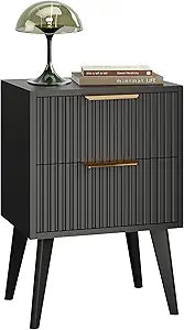 YAUKOMEL Small Black Night Stand,Mid Century Modern Bedside Table, Nightstand with 2 Drawers,Fluted Side Table with Wood Legs, End Table for Bedroom,Small Space Black11.8 D x 15.7" W x 22.8" HCTG55BK