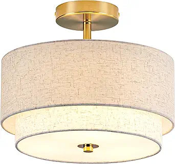 Zlepmlla 12.6'' Semi Flush Mount Ceiling Light, Gold Light Fixture with Two Layers Fabric Linen Shade, 3-Light Drum Light Fixture for Entryway Bedroom Hallway Foyer Kitchen