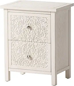 COZAYH 2-Drawer Carved Wood Nightstand, White w/ Distressed Finish Bedside Table w/ Floral Patterns & Antique Bronze Knobs Pre-Assembled Farmhouse Bedroom Furniture for Small Spaces