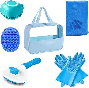 6PCS Blue Dog Washing Kit with Dog Brush, Shampoo Brush, Bath Scrubber,Washing Gloves, 39.7" 20.5" Towel and Big Toiletries Bag.