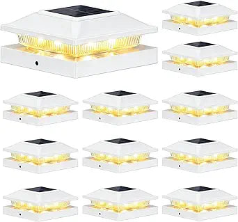 Brightever 4x4 3.5x3.5 Solar Post Cap Lights Outdoor 12-Pack, Solar Fence Post Lights Fit Vinyl/Wood Posts, 2 Modes(Warm/Cool White), Solar Powered Waterproof Deck Post Lights for Patio Porch, White