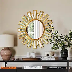 Uniclinens Modern Round Sunburst Mirror Gold - Large Boho Sunburst Mirror Wall Decor,Circle Sun Wall Decor for Bedroom Living Room Hallway Bathroom Entrance,24"