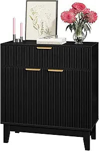 CHOEZON Fluted Buffets Sideboard, Buffet Sideboard with 1 Drawer & 1 Door, Kitchen Storage Cabinet with Adjustable Shelf and Slanted Legs, Buffet Cabinet for Kitchen, Living Room, Black MCB02BB