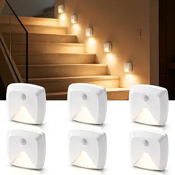 innofox 6-Pack Stick-on Motion Sensor Lights, Warm White LED Night Light, Stick-Anywhere Stair Lights, Closet Light, Battery Operated Wall Light for Kitchen, Hallway, Bedroom, Bathroom, Stairs