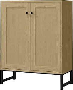 Panana Rattan Decorated 2 Doors Storage Cabinet Accent Cabinet Living Room Cupboard Kitchen Sideboard Buffet Table (Natural)