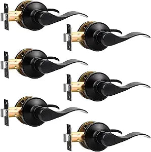 Knobonly 6 Pack Passage Door Handles Interior, Hallway Closet Door Leverset Matte Black Finish Stainless Steel, Keyless Door Handle Sets