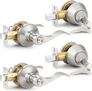 Probrico Wave Style Entry Door Handle Set with Double Cylinder Deadbolt in Satin Nickel Finish,Keyed Alike Lockset Handleset Combo Pack, Modern Hardware, Set of 2