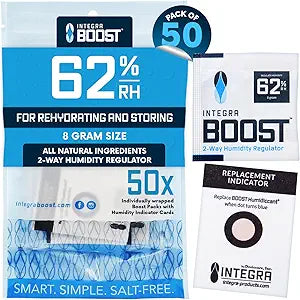 Integra Boost 62% RH, 2 Way Humidity Control Packs Γ 8g Size for Storing 1 oz Γ Pack of 50 Moisture Absorbers for Small Jars & Containers Γ Humidifier Packets for Herbs & Spices & Food Storage