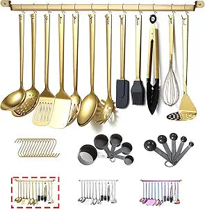 Gold Cooking Utensils Set, Kyraton Stainless Steel 37 Pieces Kitchen Utensils Set with Titanium Gold Plating, Kitchen Gadgets Tool Set with Utensils Racks Heat Resistant Dishwasher Safe
