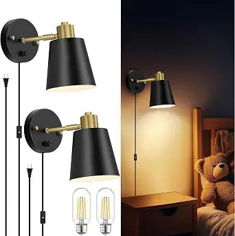 Lomoky Plug in Wall Sconces Set of 2, Dimmable Wall Lights with Plug in Cord and Dimmer On/Off Knob Switch, Adjustable Angle Black Wall Mounted Lamp for Bedside Bedroom Living Room (2 Bulbs Included)