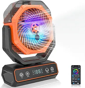 Rechargeable Rotating Misting Fan - Long Runtime Camping Fan w. 360mL Water Tank, RGB Color Changing Lights, USB Charger Output & Hanging Hook | Indoor Outdoor Cooling for Patio, Tent, Garden, Bedroom