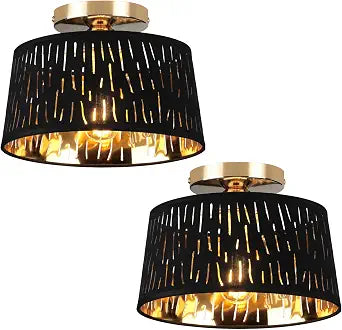Modern Ceiling Light Fixture 2 Pack, 10 Inch Semi Flush Mount Lamp with Black Cut-Out Linen Shade, E26 Base, Gold for Kitchen Bedroom Hallway Closet Entryway Room Small Spaces