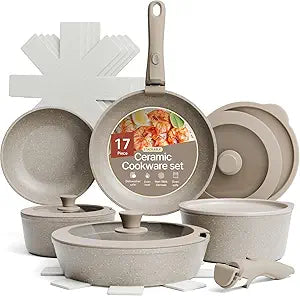 Bakken 17-Piece Ceramic Coated Aluminum Cookware Set, Nonstick Pots and Pans with Lids, Silicone Cooking Utensils & Oven Mitts, All Stovetop Safe Up To 500F, PTFE & PFAS Free, Dishwasher Safe