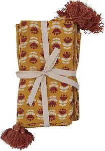 Creative Co-Op Cotton Napkins with Floral Pattern and Tassels, Set of 4