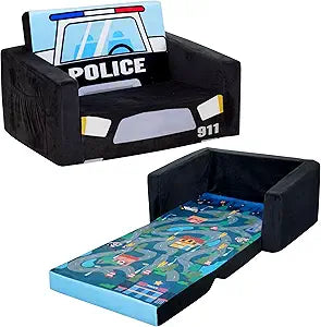 MallBest Kids Sofas Toddler Couch Bed Baby's Upholstered Chair Sleepover Couch Flipout Open Recliner(Black/Police Car)