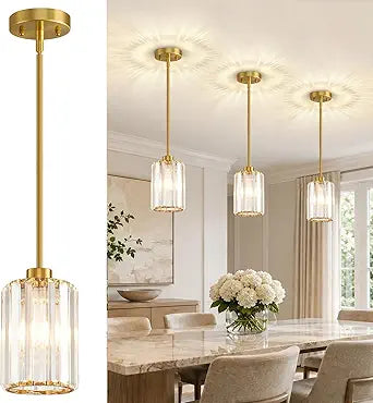 MQMQA 3 Pack 18"-53" Height Adjustable Brushed Brass Gold Pendant Lights Kitchen Island, Modern Crystal Chandelier Kitchen Pendant Lighting Over Island, Hanging Mini Light Fixtures for Dining Room