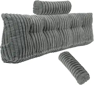 Faux Fur Wedge Pillow Queen, 3PCS Headboard Backrest Set with 2 Neck Bolsters, Large Triangular Reading Pillow for Bed & Daybed, Removable Cover for Easy Cleaning (Grey, Queen:59x8x20 Inches)