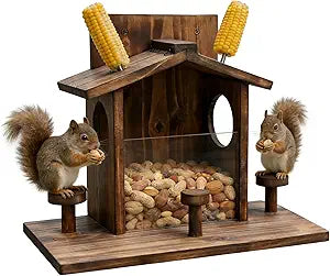 Wooden Squirrel Feeder, Large Squirrel Feeder for Outside with Table Platform, Durable Outdoor Squirrel House & Wood Squirrel Feeder Box, Wildlife Feeding Station with Clear Viewing Window