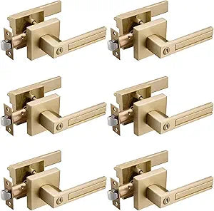 6 Pack Gold Privacy Door Handles, Interior Door Knobs for Bed and Bath, Heavy Duty Door Lever Satin Brass