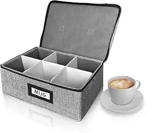 HURZMORO Cup and Mug Storage Box with Dividers Stackable Hard Shell Organizer with Zipper Lid and Handles, Holds 6 Coffee Mugs or Tea Cups, Ideal for Moving and Packing(Grey)