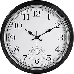 JoFomp Large Waterproof Outdoor Clock with Thermometer Combo - 16 inch Silent Non Ticking Quartz Battery Operated Wall Clock for Patio, Home, Pool, Garden, Porch, Deck (Silver, 16 Inch)
