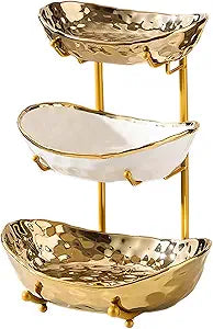 XUDREZ 3 Tier Fruit Bowl with Metal Stand for Kitchen Counter, Ceramic White Gold Silver, Tiered Fruit Basket for Nuts, Snacks, Bread, Candy Storage (Gold)