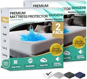OhGeni 2 Pack Waterproof Mattress Protector, King Size Fitted Sheet with Deep Pocket, 6''-18'' Washable Hypoallergenic Mattresses Cover, Noiseless Soft Mattress Pad, More Than 99 pcs fibers