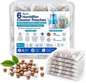ZhenD 6 Pack Humidifier Cleaner Pouches, Eliminates White Dust, Demineralization Multi-Ion Purification Balls & Scale Inhibitor, Microporous, 1 Pouch Treats 1L for 6 Months