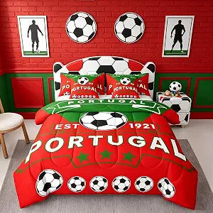 Feelyou Football Sport 7 Piece Bedding Set Twin Size Soccer Theme for Kids Boys Comforter Set with Sheets Portugal Football Teens Bed in a Bag Red Green Bed Set