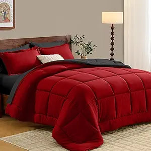FUANNA Queen Comforter Set 7 Pieces, Reversible Comforters Queen Size Bed in a Bag, All Season Bedding Sets Includes Premium Comforter, Flat Sheet, Fitted Sheet, Pillowcases & Shams, Red & Black