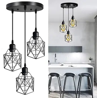Industrial Pendant Light 3-Light,Adjustable Hanging Light Fixtures,Vintage Farmhouse Pendant Light with Metal Caged for Kitchen Dining Room Hallway,E26 Base,Black