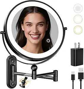 9" Wall Mounted LED Lighted Makeup Vanity Mirror - 4000mAh Rechargeable Double Sided 1X/30X Magnifying Mirror, 3 Color Lights Touch Dimmable, Height Adjustable Extended Arm 360 Swivel Bathroom Mirror