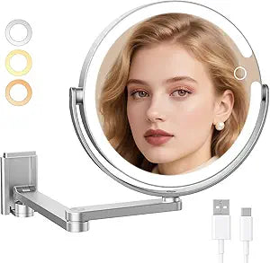 FRANO Wall Mounted Makeup Mirror with Lights, 8-inch 20X/1X Magnifying Mirror, Rechargeable LED Vanity Mirror with 3 Color Lights, 360 Swivel & Extendable Arm