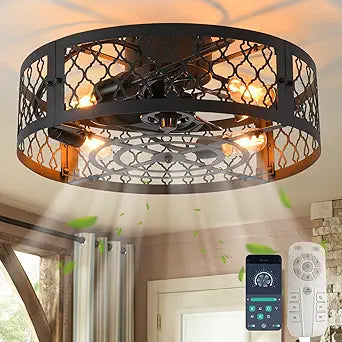 Garwarm 20in Caged Ceiling Fan with Light,Bladeless Black Fandelier Ceiling Fan with Remote,Industrial Farmhouse Flush Mount Ceiling Fans Light Fixtures for Kitchen,Bedroom,Living room6 Speed,Timing