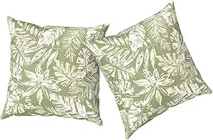 Outdoor Pillows with Insert 18x18 Inch, Waterproof Throw Pillow for Patio Furniture, Decorative Back Cushion for Garden Home Sofa Office Chair, Set of 2, Tropical Leaf Green