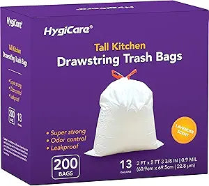 HygiCare 13 Gallon Tall Kitchen Trash Bags, Lavender Scented 200 Count Drawstring Garbage Bags, Pre-Separated, Odor Control, Ultra Strong, Leakproof, Sturdy, White