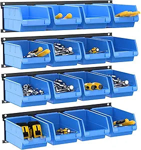 TORACK Wall-Mounted Storage Bins, 16 Plastic Bins for Tools Organization in Garage, Craft Room, and Shop(4-Pack, Blue)