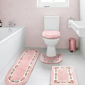 Drydiet 4 Pcs Bathroom Rugs Sets with Toilet Lid Cover Rose Flowers Bathroom Rugs Set Coquette Room Decor Floral Bath Mat U Shaped Toilet Rug Non Slip Absorbent Floral Bath Carpet