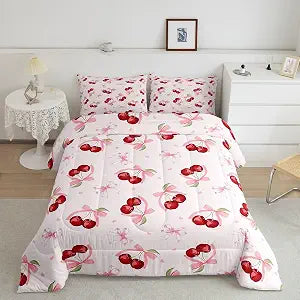 jejeloiu Bowknot Cherry Bedding Set Twin Size Kids Cherry Pattern Comforter Cover for Boys Girls Teens Cute Fruit Baby Pink Duvet Cover Breathable Soft Lightweight Microfiber Quilt Set