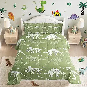 Dinosaur Bones Comforter Set Twin Size Kids Jungle Dino Fossils Bedding Set Boys Girls Teens Wild Animals Duvet Insert Breathable Green White Quilt Bedroom Decor,1 Comforter with 1 Pillowcase