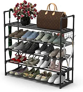 Hsscblet Shoe Rack for Closet, 5-Tier Metal Shelf Storage with Hooks, Black