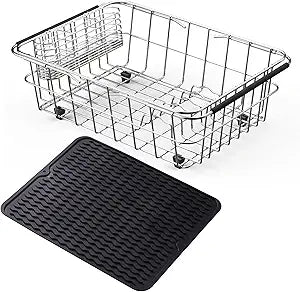 NiuYichee Stainless Steel Dish Drying Rack(15.2"L X 11"W X 5.3"H), Expandable Fruit & Vegetable Drain Rack over Sink, Dish Drainer Rack in Sink, with Stainless Steel Utensil Holder & Silicone Mat(16")