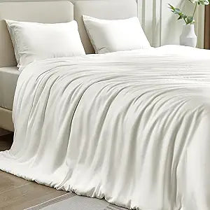 Silk Comforter Set 4 Pieces, King Size, Summer 100% Silk Comforter with Detachable Duvet Cover, Cooling Blanket for Hot Sleepers, Bedding Set with Comforter Insert, Duvet Cover, 2 Pillowcases, White