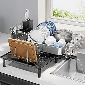 Urackify Dish Drying Rack for Kitchen Counter - Stainless Steel Dish Drainer with Drain Board, Removable Utensil Holder, Rust-Proof Plate, Non-Slip Feet, Large Capacity for 10 Plates 6 Bowls 4 Cups