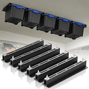 WooFog Overhead Garage Storage Rack, Garage Ceiling Storage Racks, Heavy Duty Storage Bin Ceiling Rails for 27 Gallon TotesTote Storage Rack System -Black (6 Sets for 5 Bins)