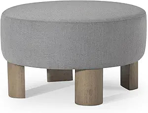Maven Lane Celia Contemporary Large Round Upholstered Ottoman, Cushioned Footrest for Couch or Chair with Wooden Legs in Refined Grey Finish