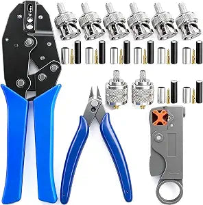 mxuteuk Coaxial Cable Tool Kit,BNC Crimp Tool with 8PCS BNC/UHF Crimp Male Connectors 1PCS Coaxial Cable Stripper 1PCS Wire Cutter for RG58, RG59, RG62, RG174