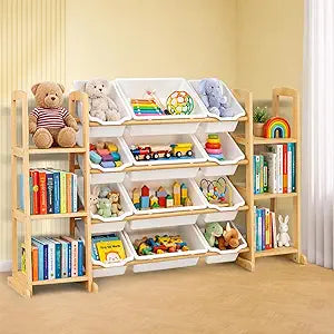Toy Storage Organizer with Bookshelf Wooden Toy Organizer with 12 Toy Bins & 6 Tier Bookcase,Quick Assembly Kids Bookshelf,Toy Bin for Playroom, Bedroom, Nursery White